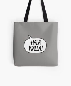 A gray Hala Walla Tote Bag featuring a trendy design.